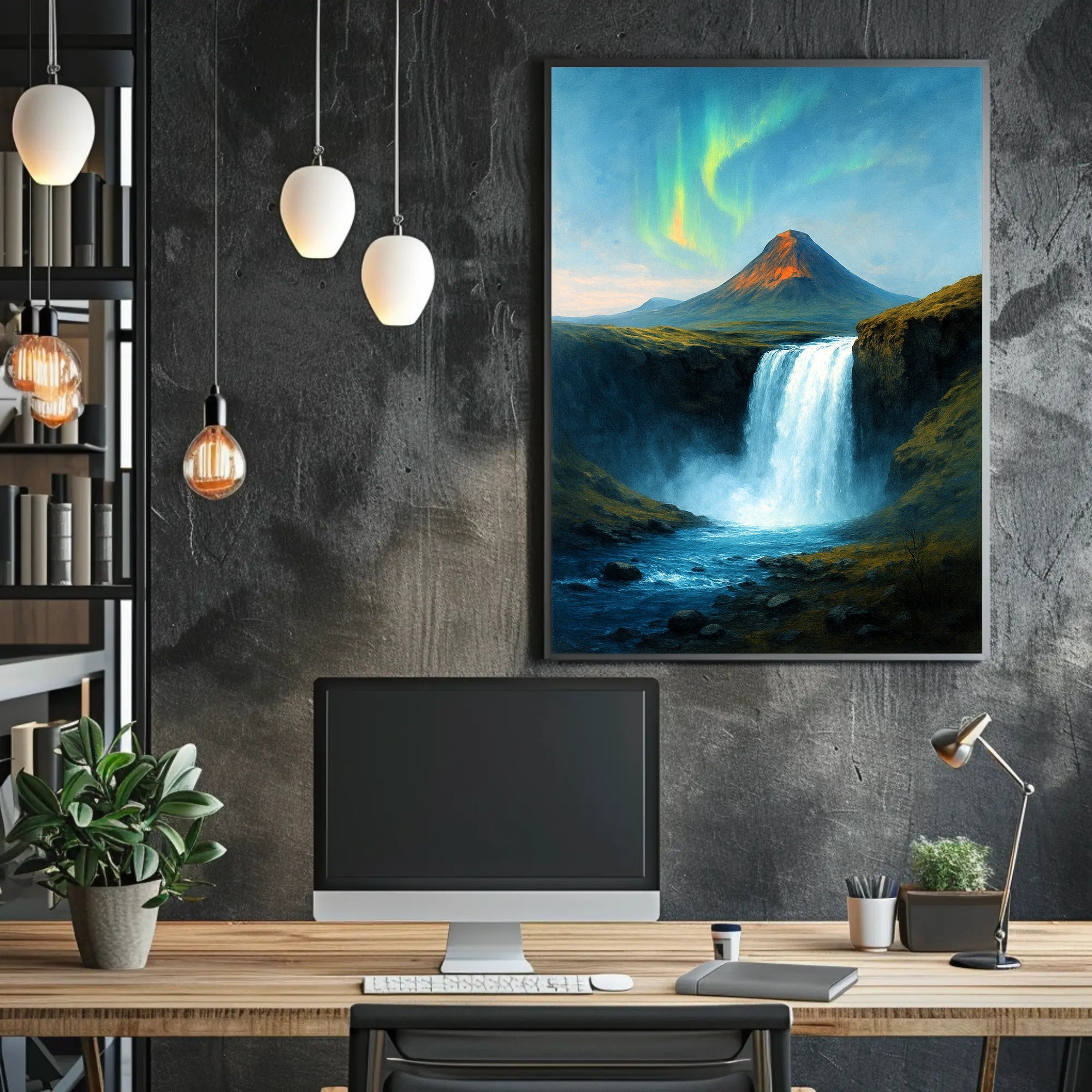 Majestic Northern Lights Over Waterfall Poster