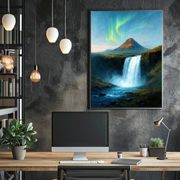 Majestic Northern Lights Over Waterfall Poster