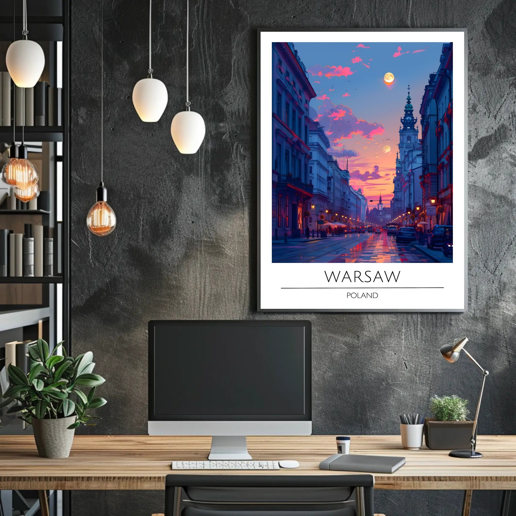 Warsaw Sunset Urban Scene Vibrant Cityscape Travel Poster