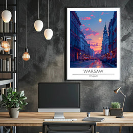 Warsaw Sunset Urban Scene Vibrant Cityscape Travel Poster