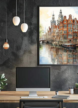 Amsterdam Canal Cityscape Watercolor Travel Poster