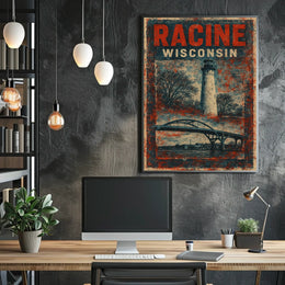 Racine Lighthouse Vintage Travel Mid Century Retro Coastal Scenic Autumn Harbor Light Poster