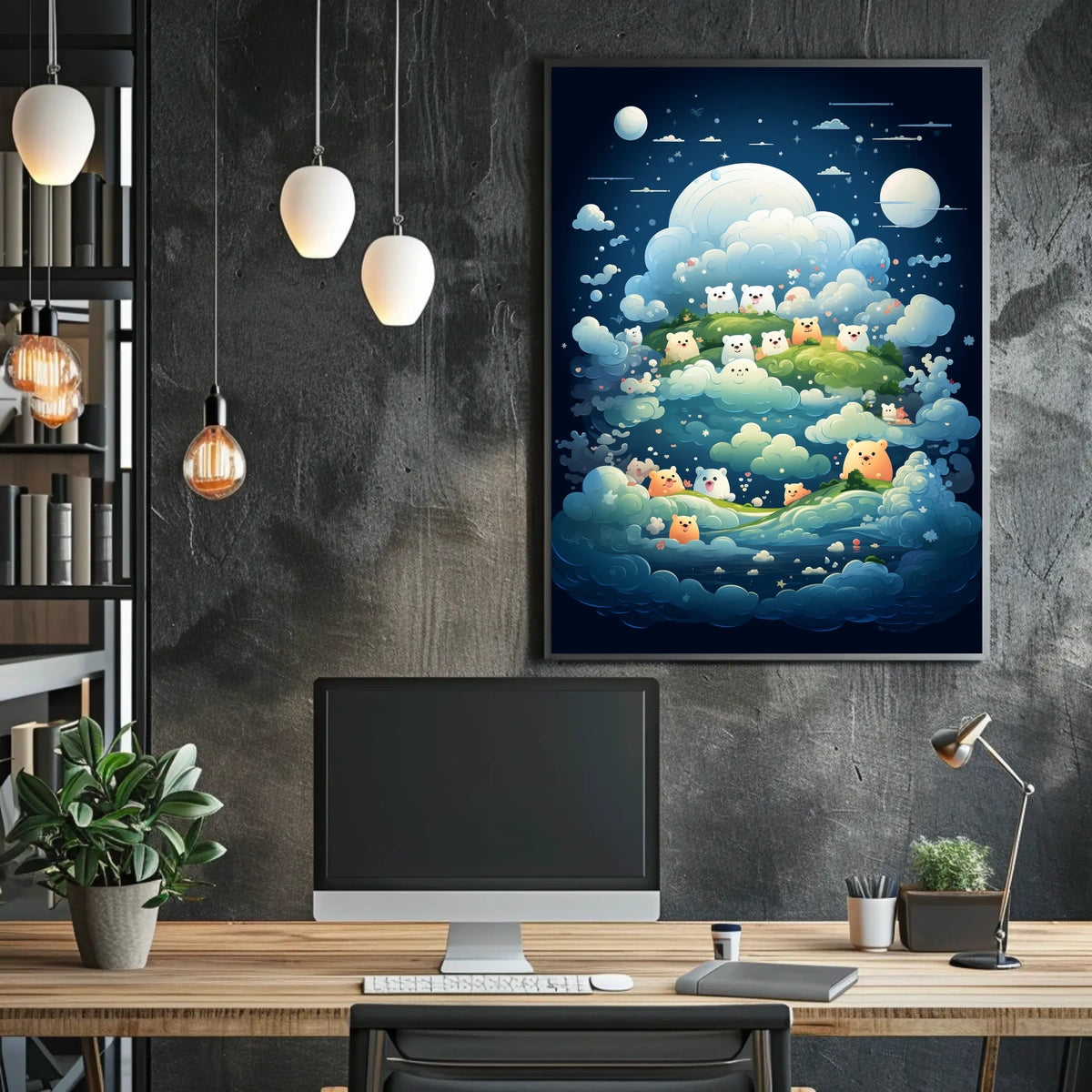 Whimsical Nightscape Poster with Dreamy Bear Creatures