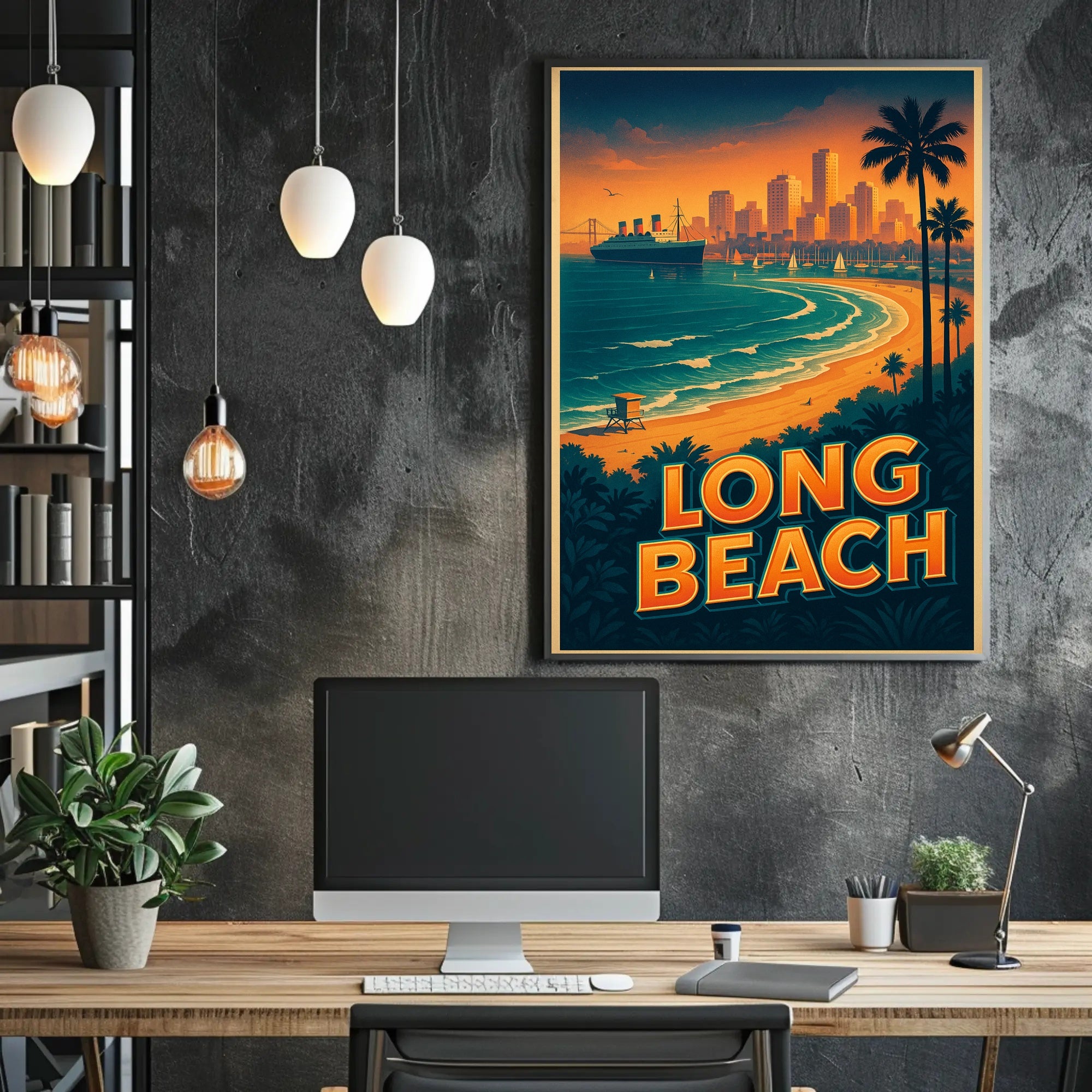 Long Beach Sunset Retro Travel Poster