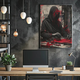 Mysterious Hooded Figure in Grayscale Artistic Poster PosterGoat