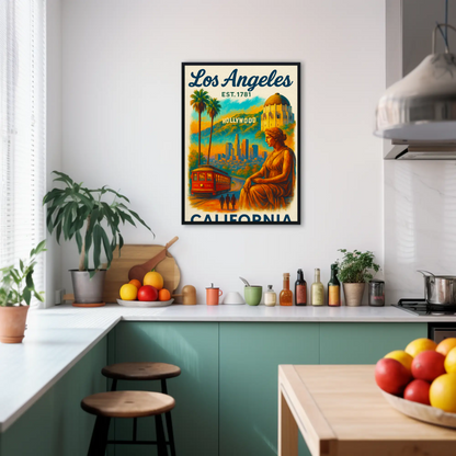 Los Angeles Hollywood Griffith Trolley Sunset Vintage Travel Poster