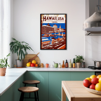 Hawaii USA 1950s Island Life Vintage Maroon Travel Poster