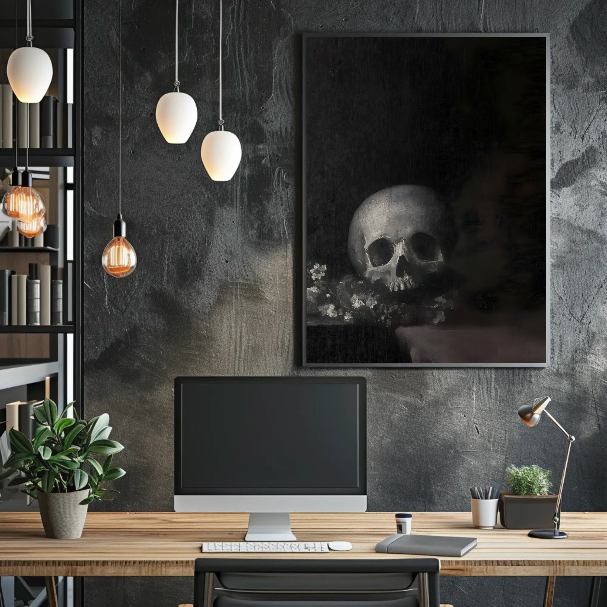 Dark Skull with Flowers: Classical Vanitas Artistic Poster PosterGoat