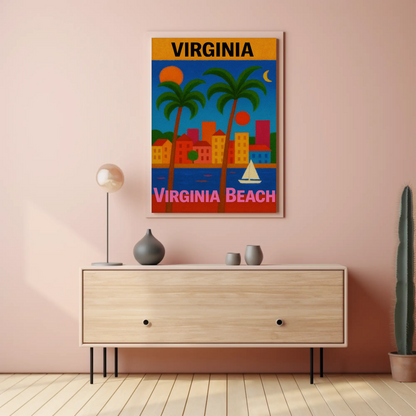 Virginia Beach Colorful Palms Cityscape Sunset Travel Poster