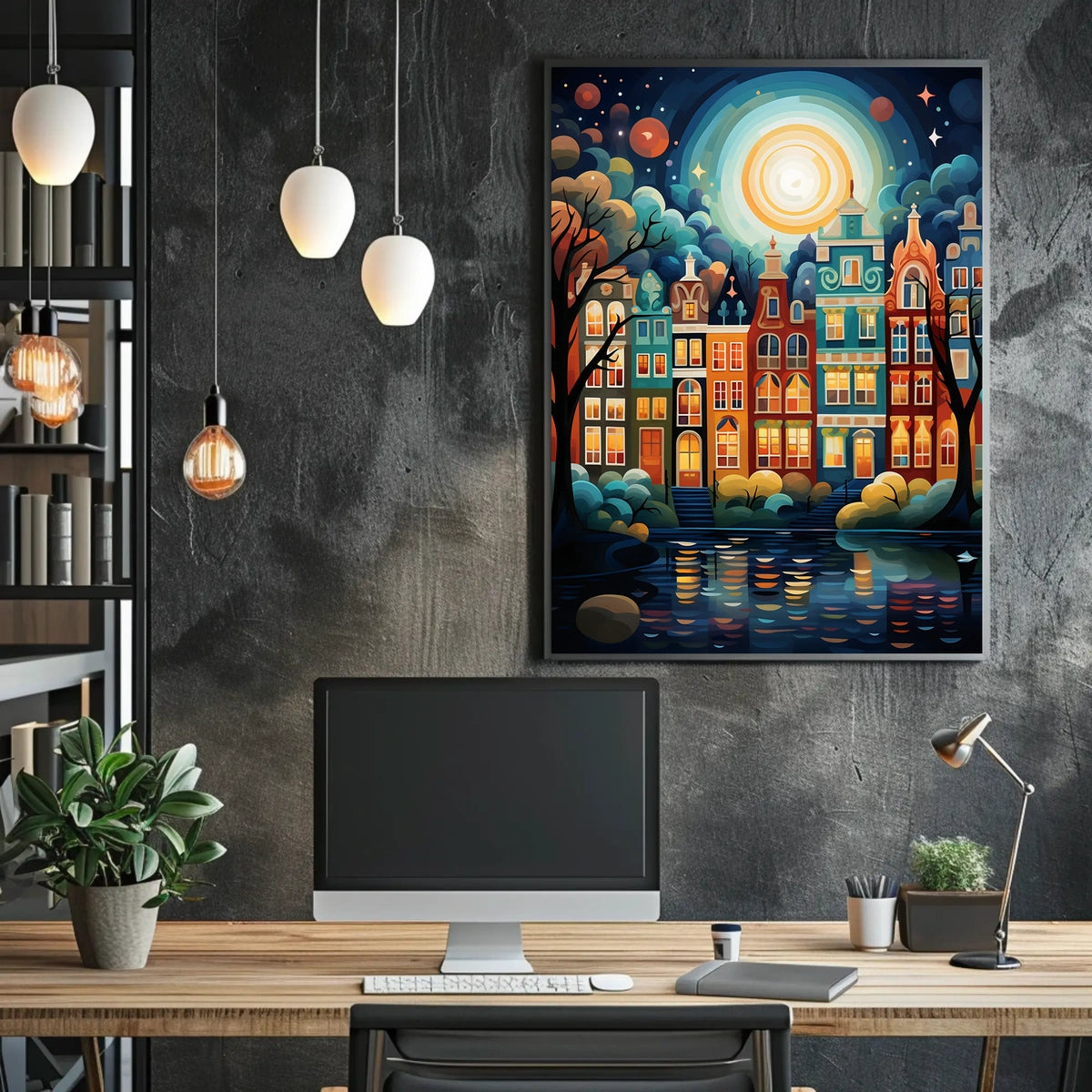 Vibrant European Cityscape at Night Travel Poster