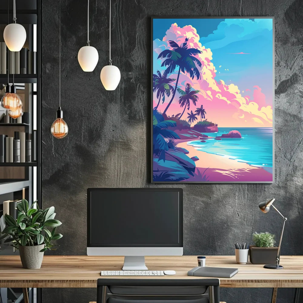 Tropical Sunset Beach Scene Art Poster