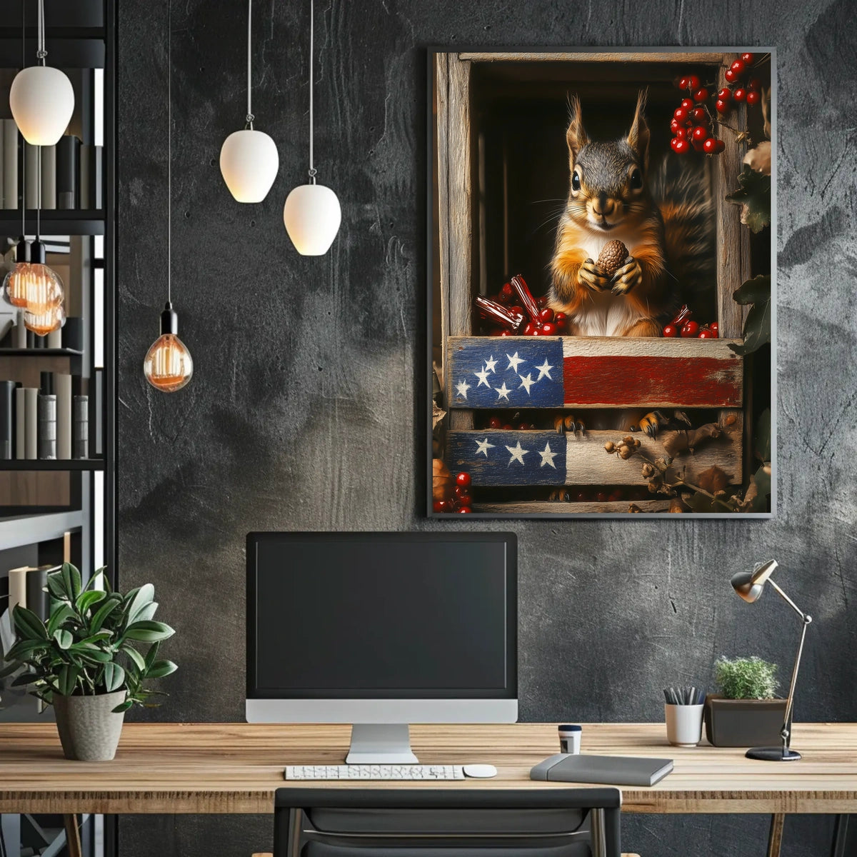 squirrel sitting upright inside a wooden crate Poster