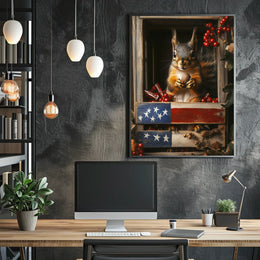 squirrel sitting upright inside a wooden crate Poster