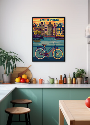 Amsterdam Holland Bicycle Canals Sunset Vintage Travel Poster