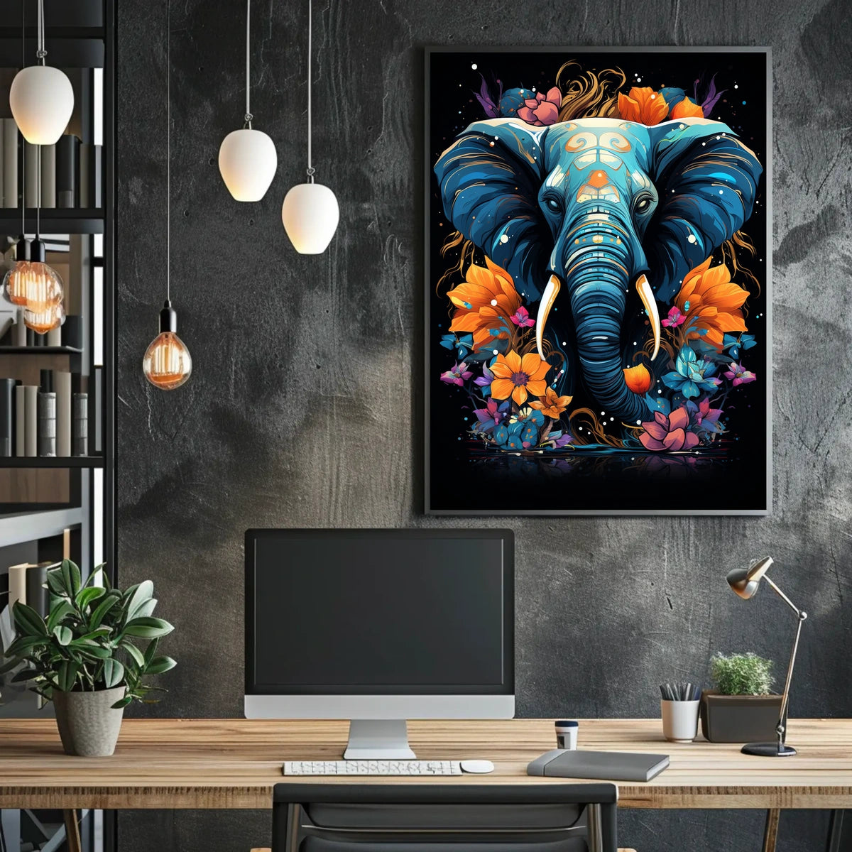 Vibrant Elephant Art Poster with Floral Patterns