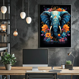 Vibrant Elephant Art Poster with Floral Patterns