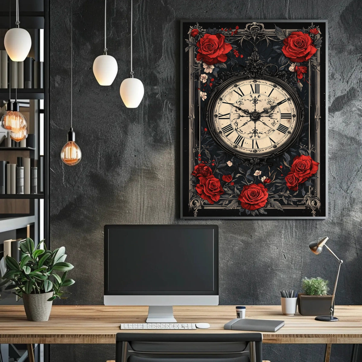 Vintage Clock with Roses in Artistic, Heritage Poster
