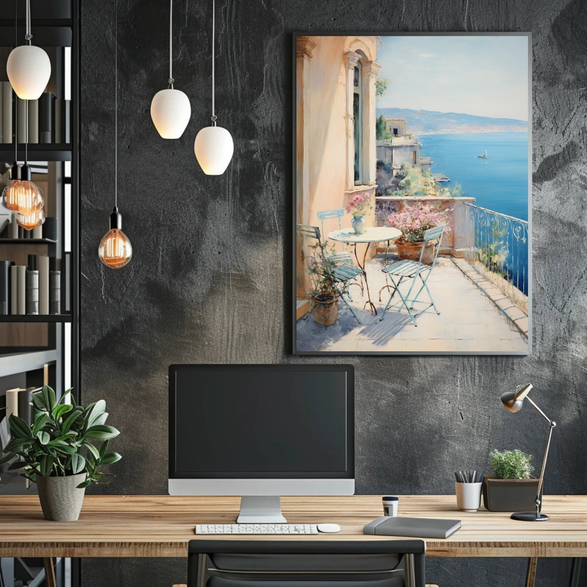 Mediterranean Balcony Scene: European Coastal Serenity Travel Poster