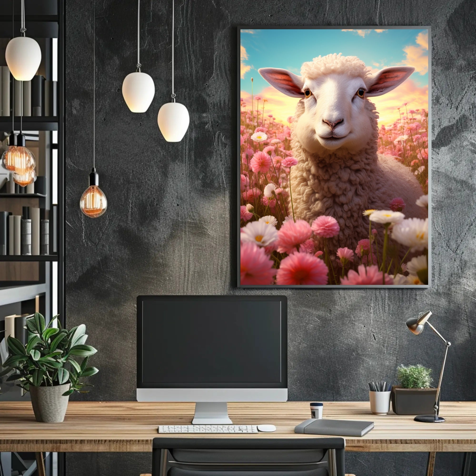 Serene Sheep In Blooming Meadow Poster PosterGoat