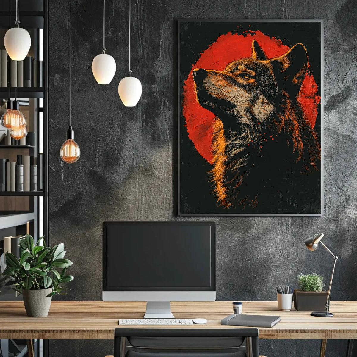 Majestic Wolf Under Red Moon Poster