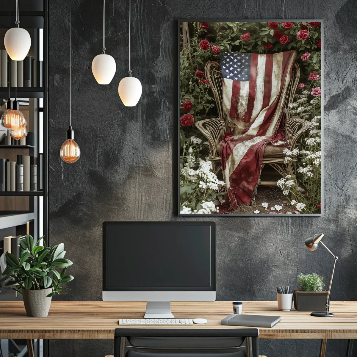 rustic garden chair with an old American flag draped Poster