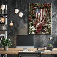 rustic garden chair with an old American flag draped Poster