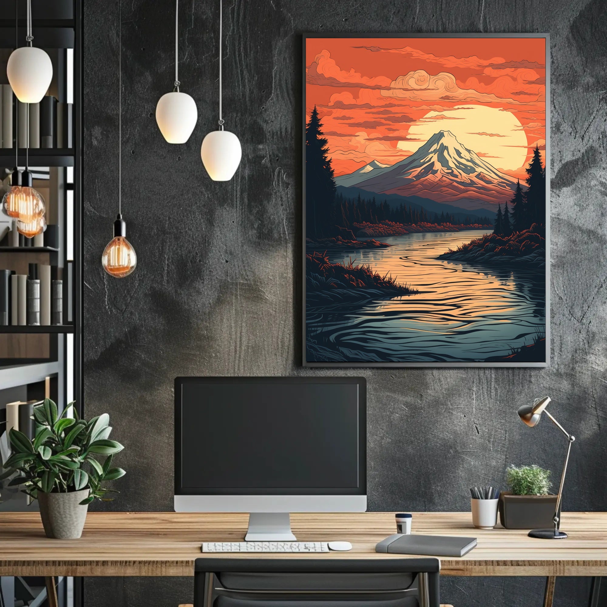 Mountains and River Scenic View Vintage Travel Poster