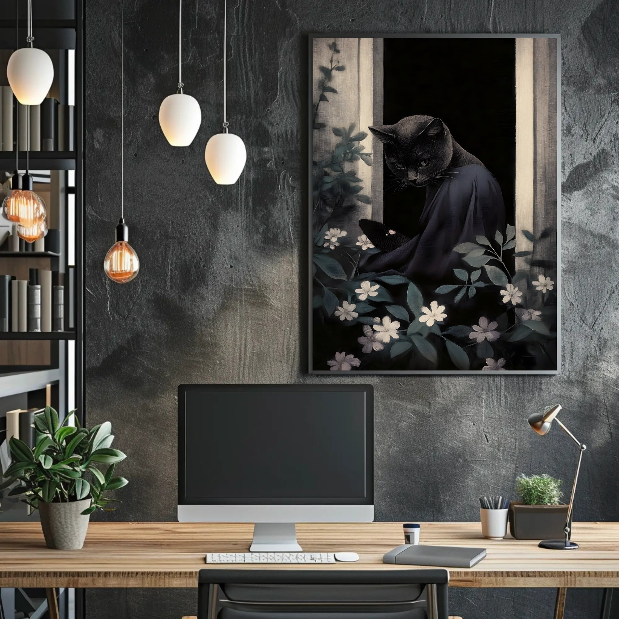 Mysterious Black Cat Window Nightscape Animal Poster PosterGoat