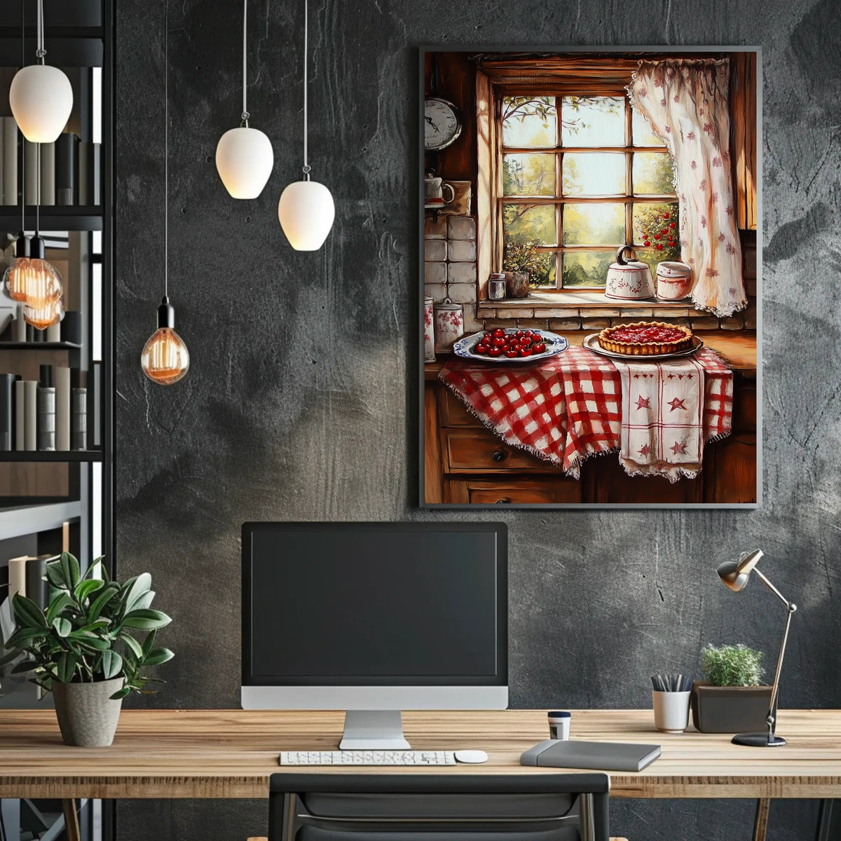 Cozy Grandma Kitchen With Cherry Pie Scene Vintage Poster