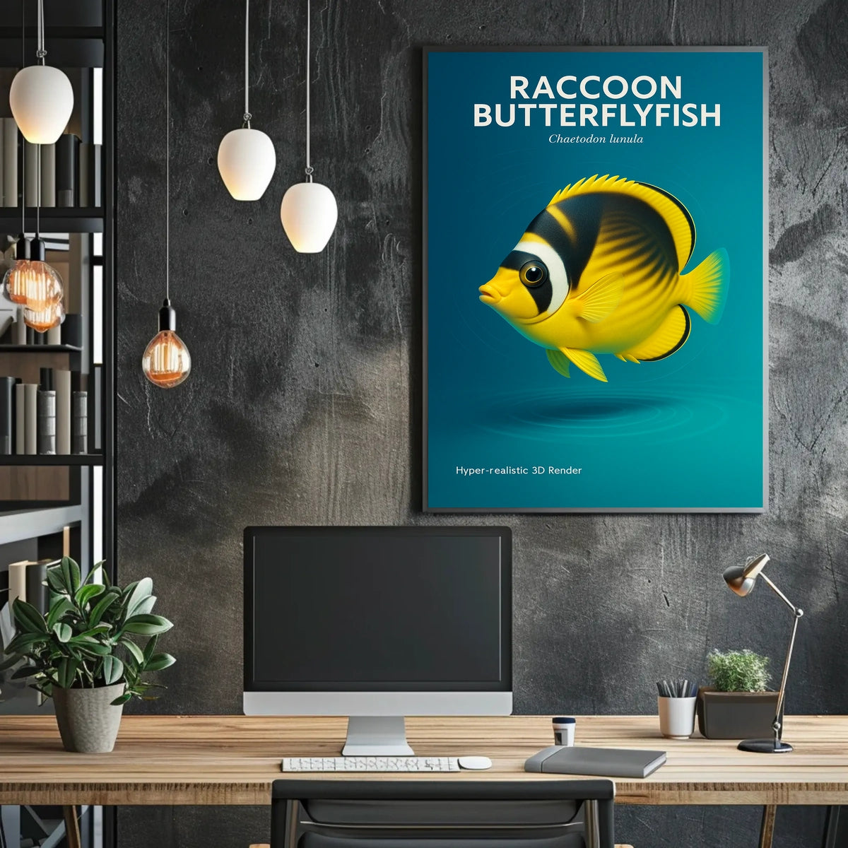 Raccoon Butterflyfish Hyper-realistic 3D Render Poster
