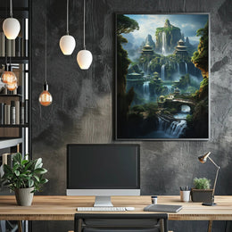 Fantasy Landscape with Pagodas and Waterfalls – Artistic Poster