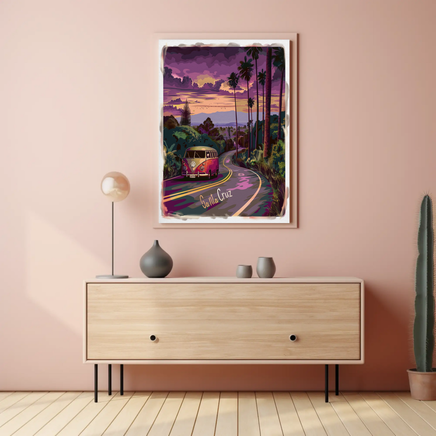 Santa Cruz Sunset Road VW Van Retro Travel Poster