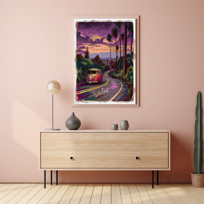 Santa Cruz Sunset Road VW Van Retro Travel Poster