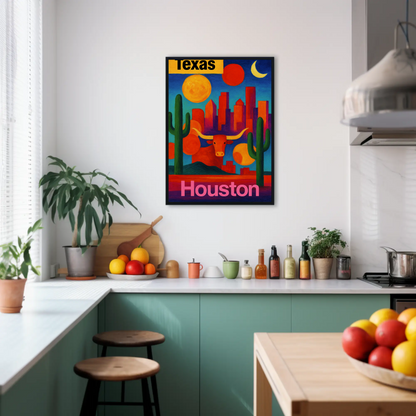 Texas Houston Longhorn Cactus Sunset Cityscape Vintage Travel Poster