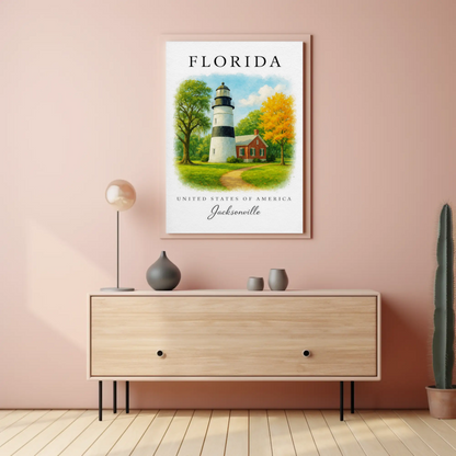 Jacksonville Florida Lighthouse Cottage Autumn Trees Travel Poster