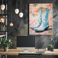 Blue Cowboy Boots Poster Vintage Floral Wall Art