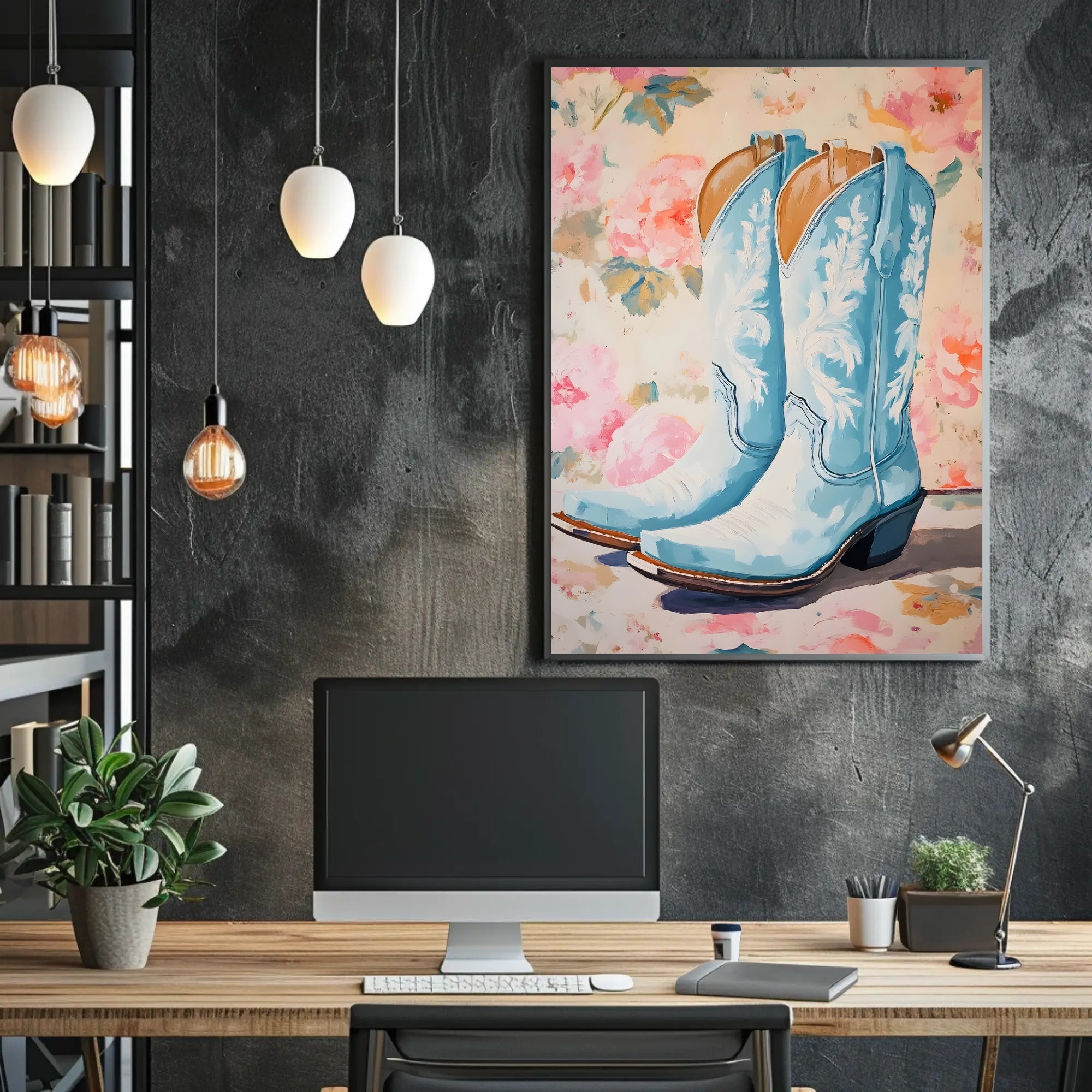 Blue Cowboy Boots Poster Vintage Floral Wall Art