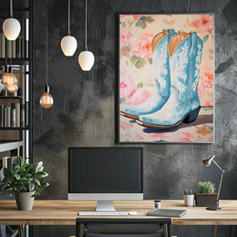 Blue Cowboy Boots Poster Vintage Floral Wall Art
