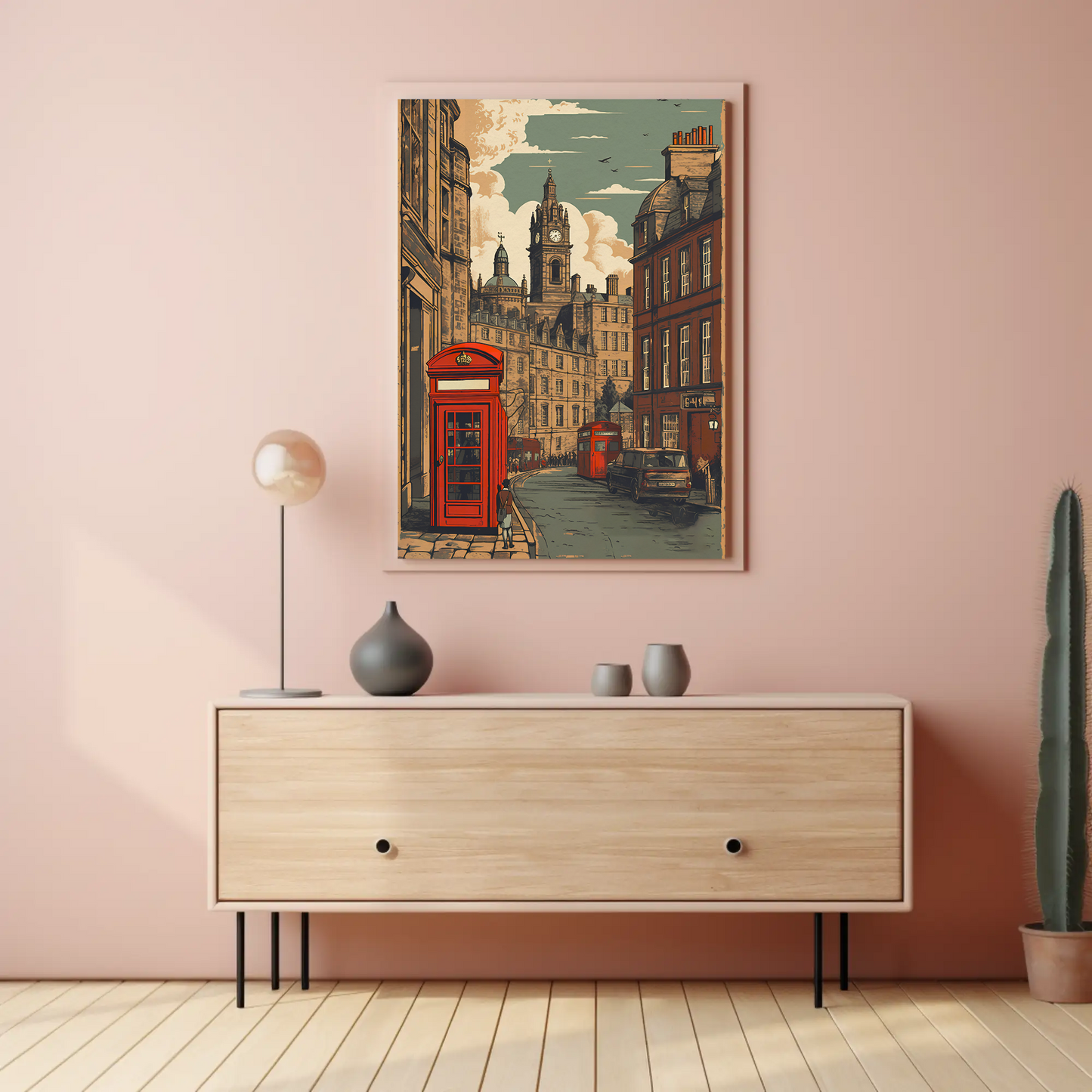 European City Clock Tower Phone Box Vintage Travel Poster