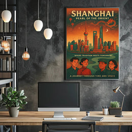 Shanghai Skyline Vintage Travel Poster