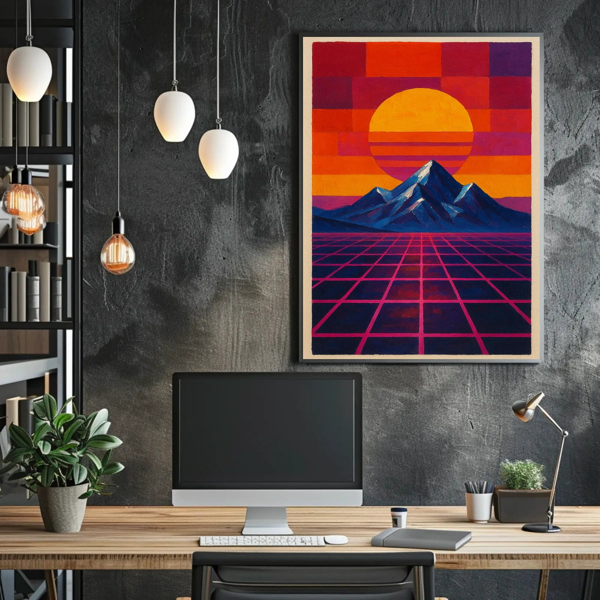 Retro-Futuristic Sunrise on Geometric Sci-Fi Landscape Poster