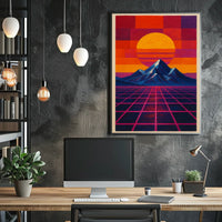 Retro-Futuristic Sunrise on Geometric Sci-Fi Landscape Poster