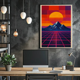 Retro-Futuristic Sunrise on Geometric Sci-Fi Landscape Poster
