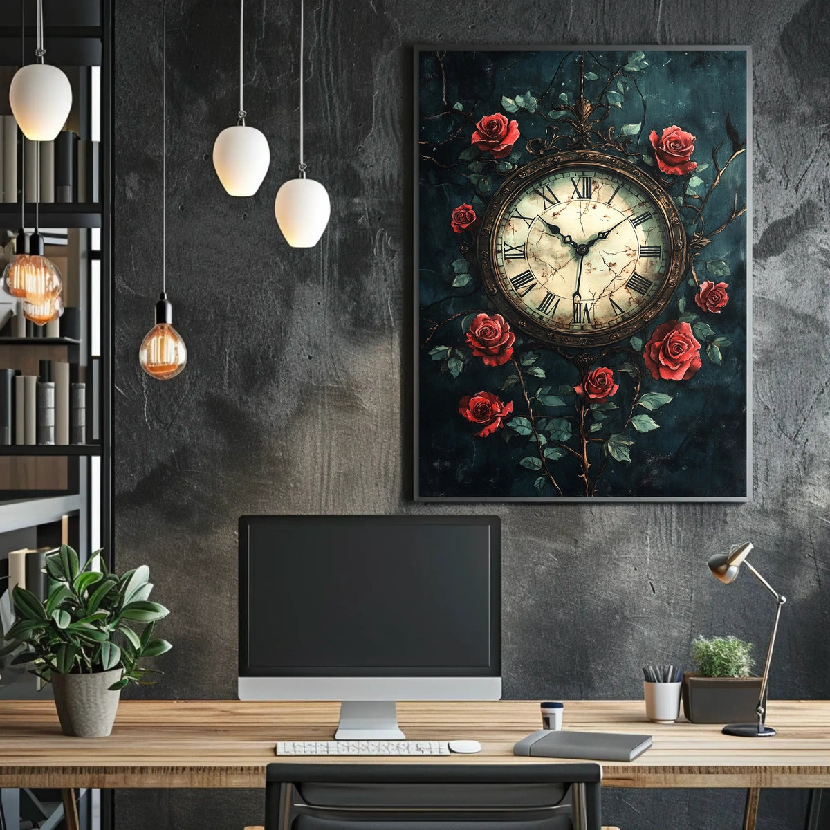 Vintage Clock and Roses Art Print - Artistic Poster
