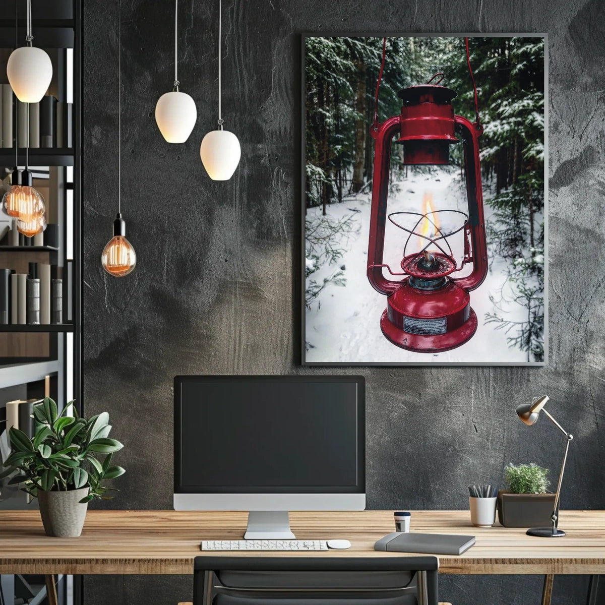 Red Lantern in Snowy Forest Adventure Travel Poster
