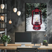 Red Lantern in Snowy Forest Adventure Travel Poster
