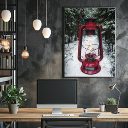 Red Lantern in Snowy Forest Adventure Travel Poster