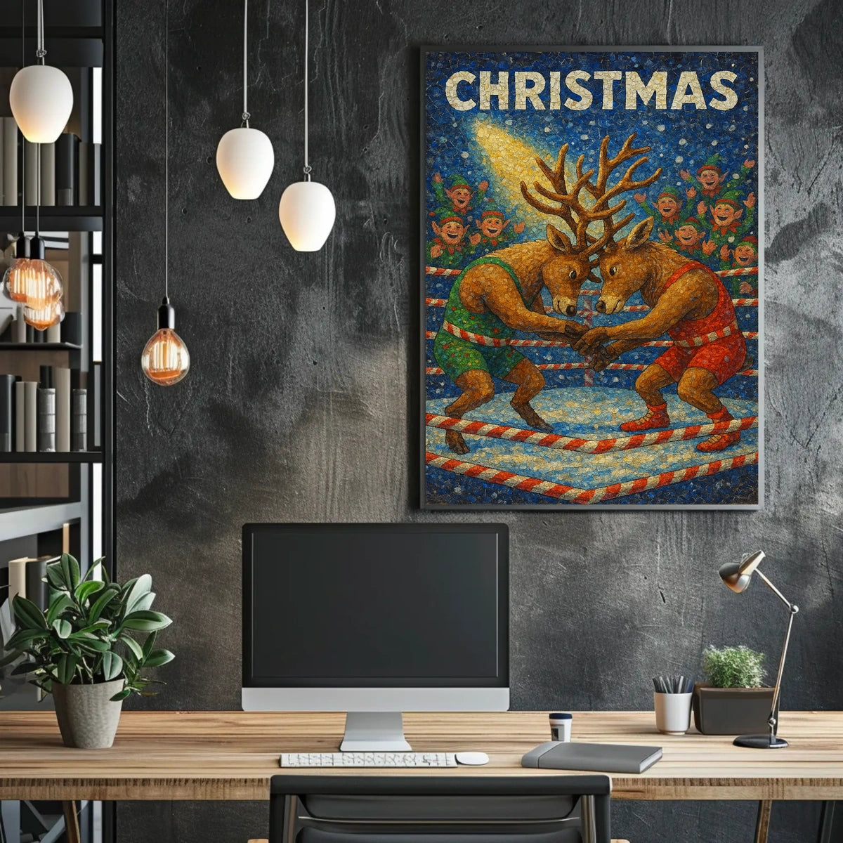 Christmas Wrestling Reindeer: Whimsical Holiday Fantasy Poster
