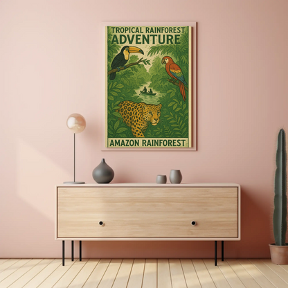 Amazon Rainforest Jaguar Parrots River Poster Poster