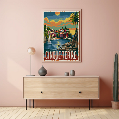 Cinque Terre Italy Sunset Seaside Travel Poster